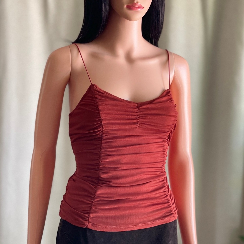 Rust Orange Ruched Spaghetti Strap Camisole Top Grunge Indie Festival Earthy S